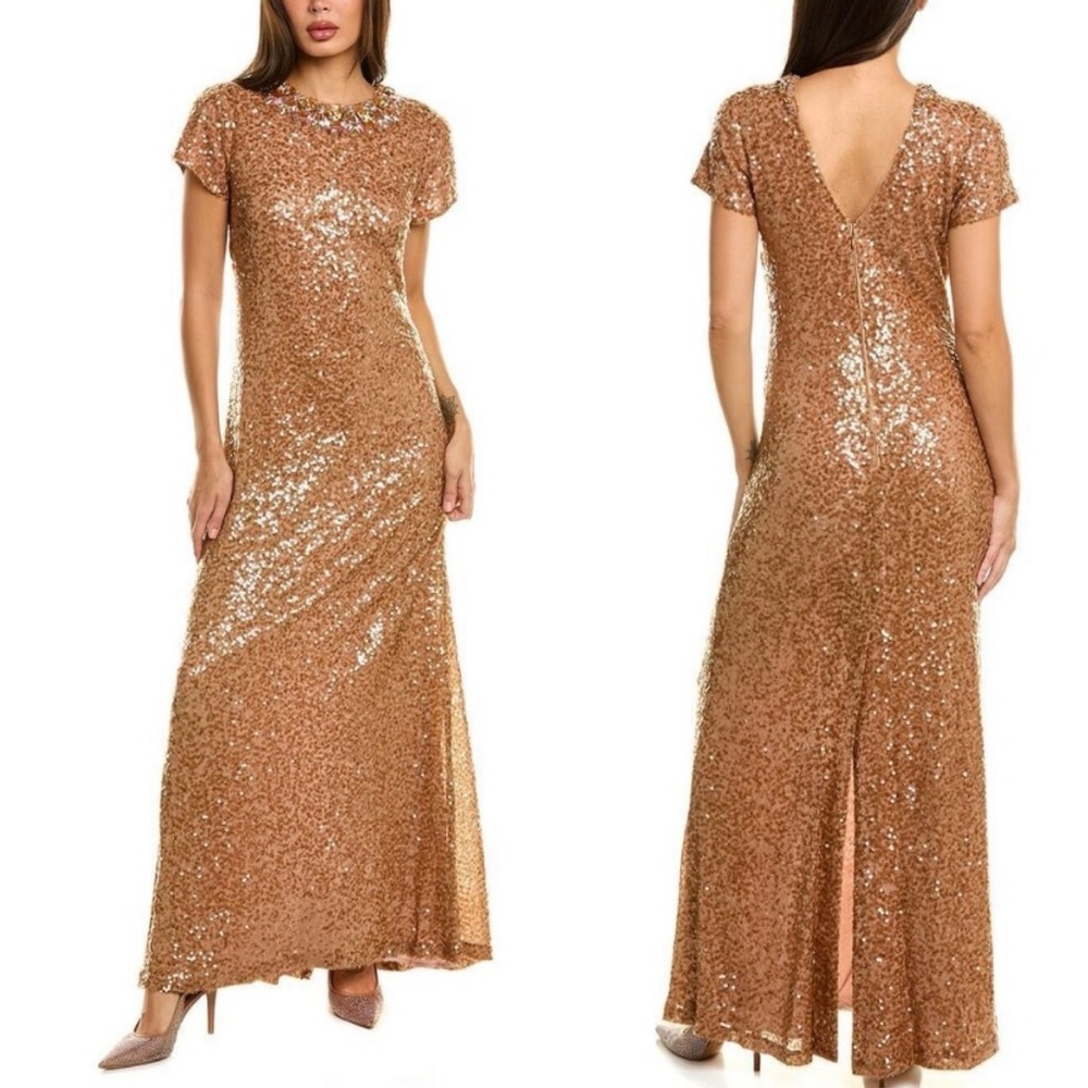 Sachin + Babi Sequined Formal Gown Size 2 Elegant Gold Column Gown Rhinestones - Picture 6 of 13